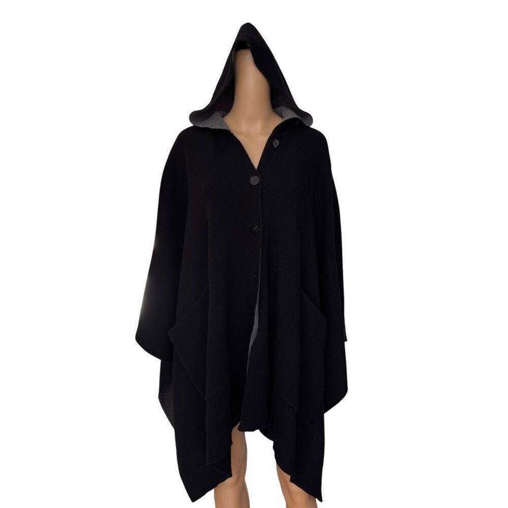 Theory button down Felted Wool-Cashmere Hooded Poncho - Black / Grey size P/S - Picture 5 of 8